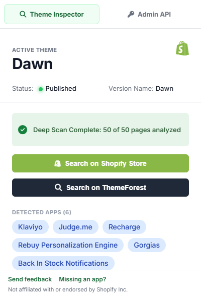 The extension popup on a demo store: theme Dawn, published, six detected apps including Klaviyo, Judge.me and Recharge