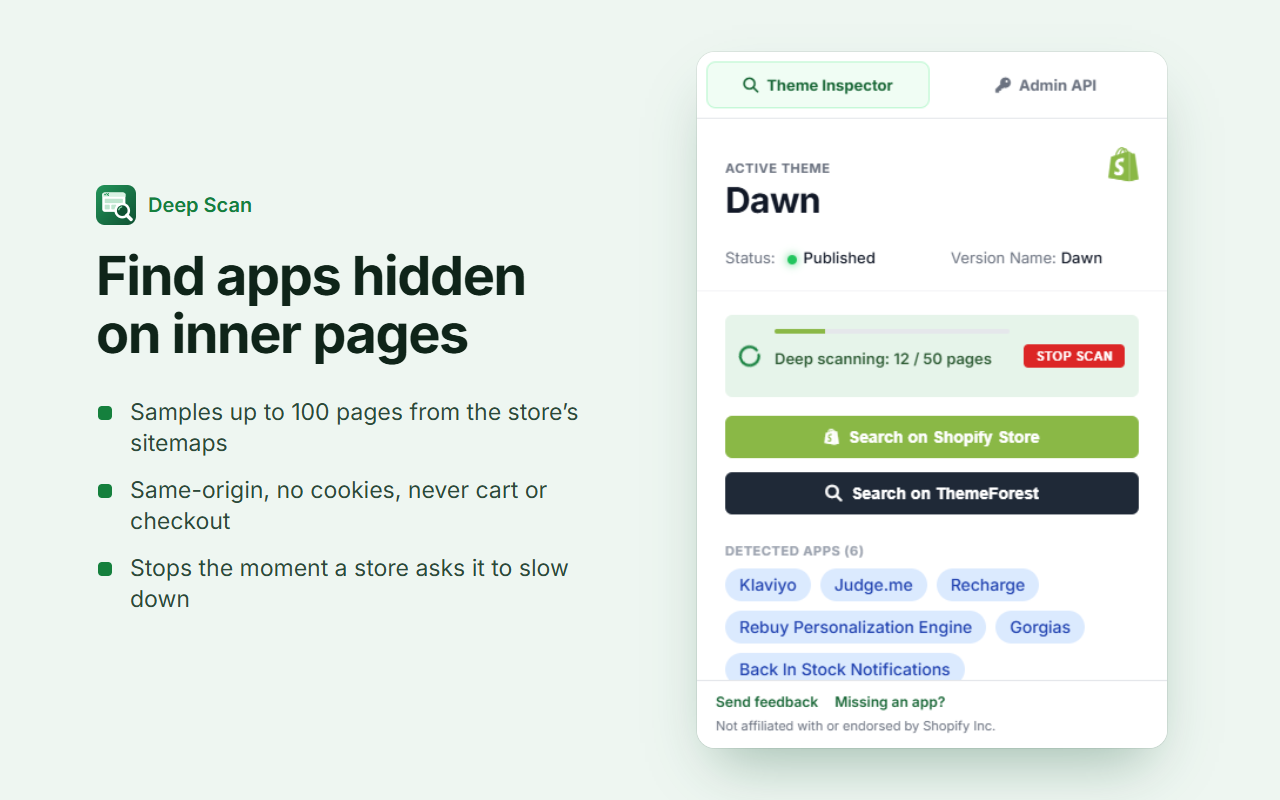 Deep Scan in progress on a demo store, with pages scanned counting up