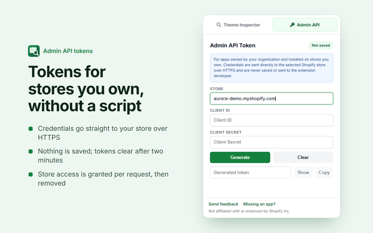 The Admin API tab with store, client ID and client secret fields